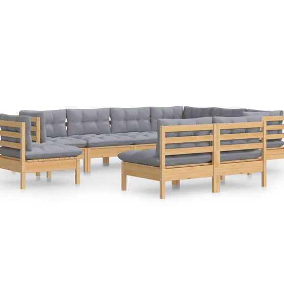 9-tlg. Garten-Lounge-Set mit Grauen Kissen Kiefer Massivholz