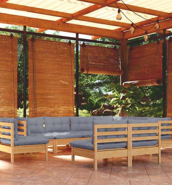 9-tlg. Garten-Lounge-Set mit Grauen Kissen Kiefer Massivholz