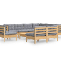 10-tlg. Garten-Lounge-Set mit Grauen Kissen Kiefer Massivholz