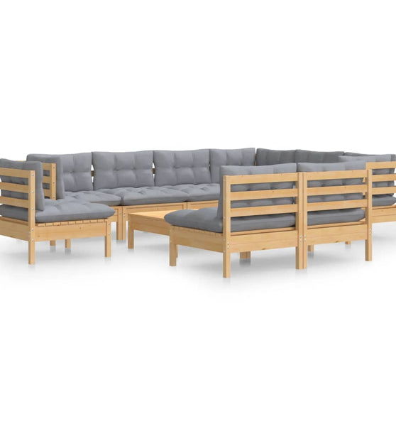 10-tlg. Garten-Lounge-Set mit Grauen Kissen Kiefer Massivholz