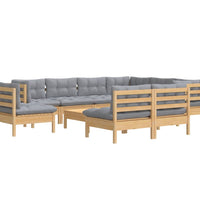10-tlg. Garten-Lounge-Set mit Grauen Kissen Kiefer Massivholz