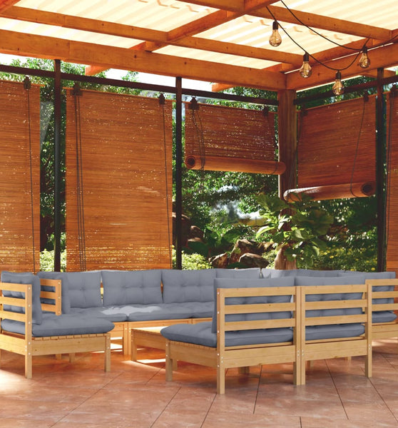 10-tlg. Garten-Lounge-Set mit Grauen Kissen Kiefer Massivholz