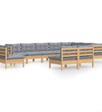 10-tlg. Garten-Lounge-Set mit Grauen Kissen Kiefer Massivholz