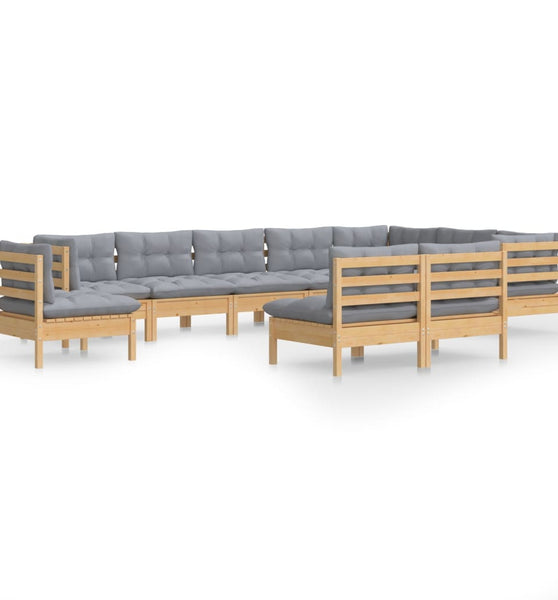 10-tlg. Garten-Lounge-Set mit Grauen Kissen Kiefer Massivholz