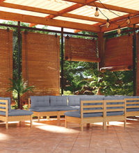10-tlg. Garten-Lounge-Set mit Grauen Kissen Kiefer Massivholz