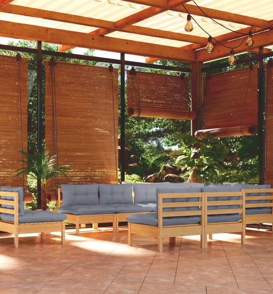 10-tlg. Garten-Lounge-Set mit Grauen Kissen Kiefer Massivholz