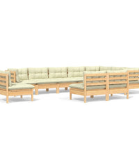 10-tlg. Garten-Lounge-Set mit Creme Kissen Massivholz Kiefer
