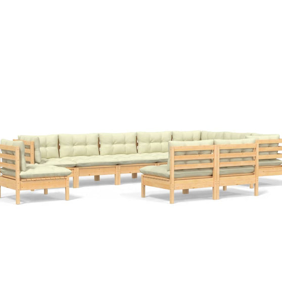 10-tlg. Garten-Lounge-Set mit Creme Kissen Massivholz Kiefer