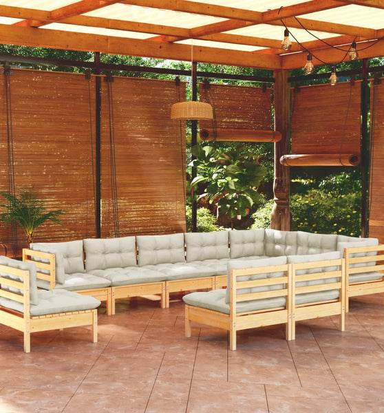 10-tlg. Garten-Lounge-Set mit Creme Kissen Massivholz Kiefer