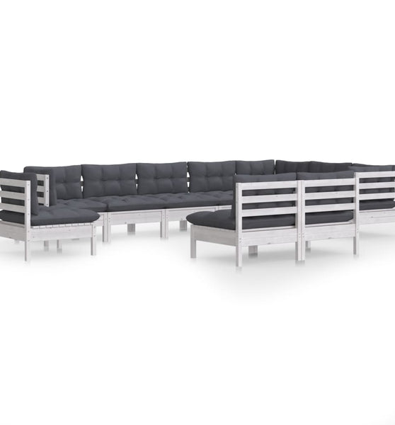 10-tlg. Garten-Lounge-Set mit Kissen Weiß Kiefer Massivholz