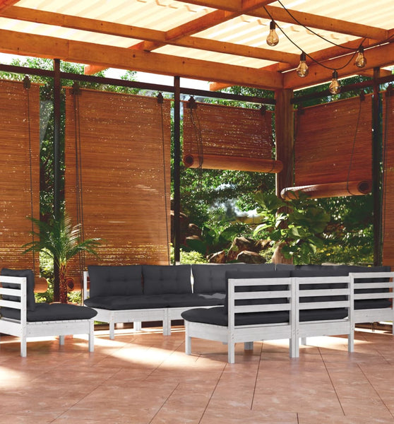 10-tlg. Garten-Lounge-Set mit Kissen Weiß Kiefer Massivholz