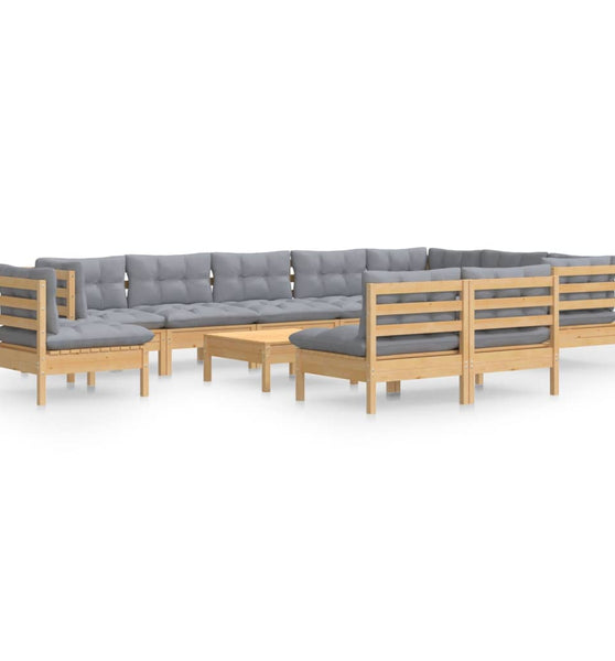 11-tlg. Garten-Lounge-Set mit Grauen Kissen Kiefer Massivholz