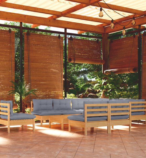11-tlg. Garten-Lounge-Set mit Grauen Kissen Kiefer Massivholz