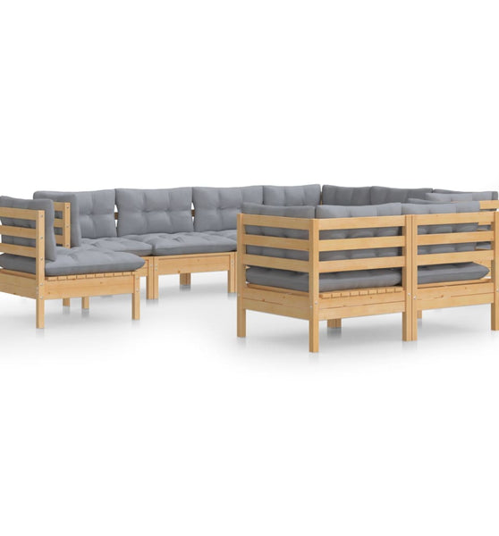 9-tlg. Garten-Lounge-Set mit Grauen Kissen Kiefer Massivholz