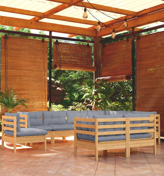 9-tlg. Garten-Lounge-Set mit Grauen Kissen Kiefer Massivholz