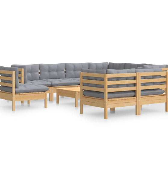 10-tlg. Garten-Lounge-Set mit Grauen Kissen Kiefer Massivholz