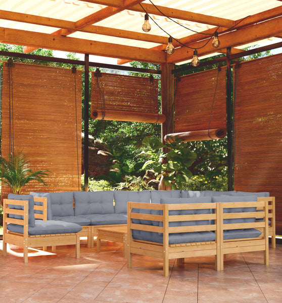 10-tlg. Garten-Lounge-Set mit Grauen Kissen Kiefer Massivholz