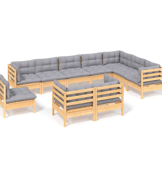 10-tlg. Garten-Lounge-Set mit Grauen Kissen Kiefer Massivholz