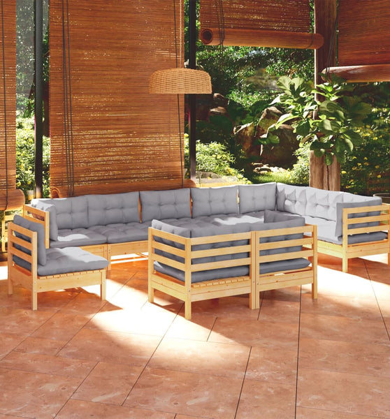 10-tlg. Garten-Lounge-Set mit Grauen Kissen Kiefer Massivholz