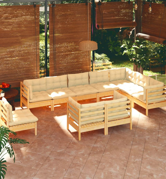 10-tlg. Garten-Lounge-Set mit Creme Kissen Massivholz Kiefer