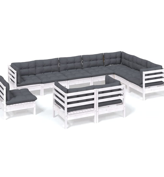 10-tlg. Garten-Lounge-Set mit Kissen Weiß Kiefer Massivholz