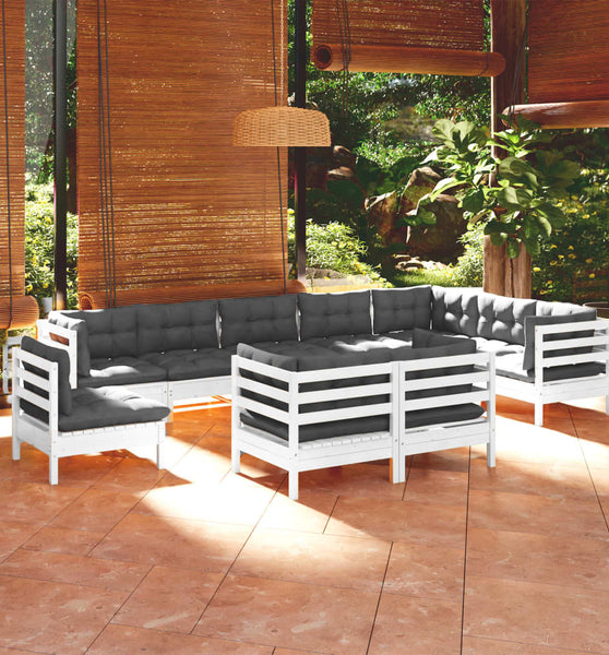 10-tlg. Garten-Lounge-Set mit Kissen Weiß Kiefer Massivholz