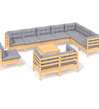 11-tlg. Garten-Lounge-Set mit Grauen Kissen Kiefer Massivholz