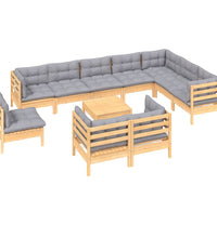 11-tlg. Garten-Lounge-Set mit Grauen Kissen Kiefer Massivholz