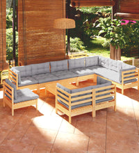 11-tlg. Garten-Lounge-Set mit Grauen Kissen Kiefer Massivholz