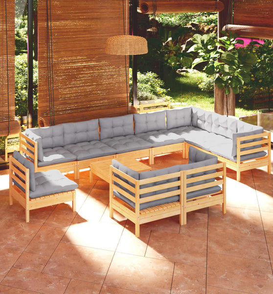 11-tlg. Garten-Lounge-Set mit Grauen Kissen Kiefer Massivholz
