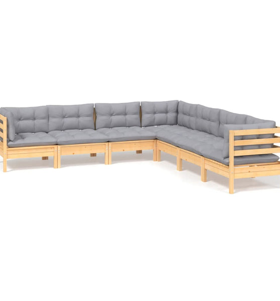 7-tlg. Garten-Lounge-Set mit Grauen Kissen Kiefer Massivholz