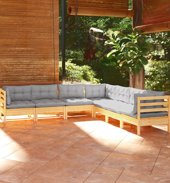7-tlg. Garten-Lounge-Set mit Grauen Kissen Kiefer Massivholz
