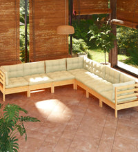 7-tlg. Garten-Lounge-Set mit Creme Kissen Massivholz Kiefer