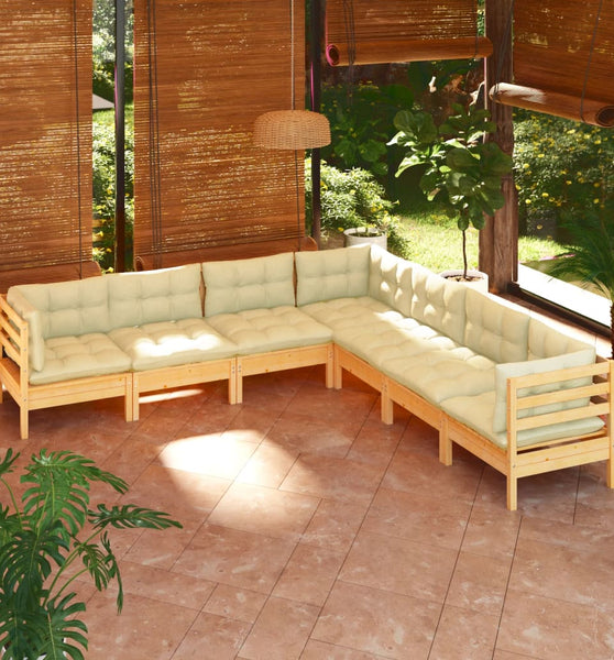 7-tlg. Garten-Lounge-Set mit Creme Kissen Massivholz Kiefer