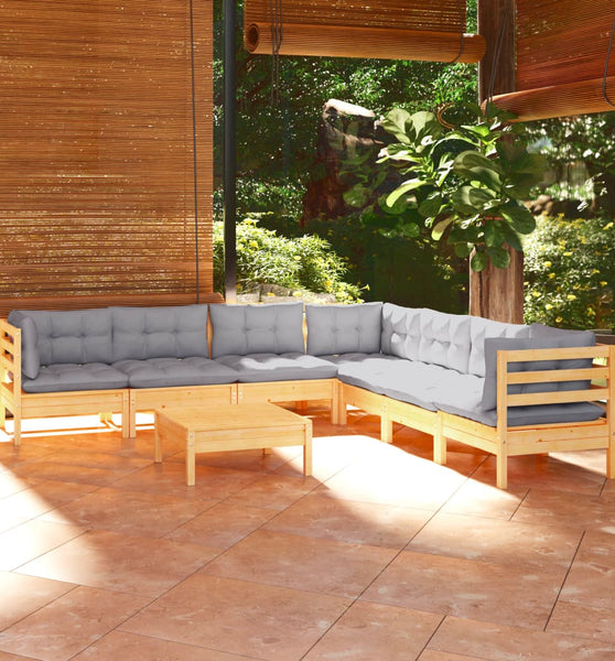 8-tlg. Garten-Lounge-Set mit Grauen Kissen Kiefer Massivholz