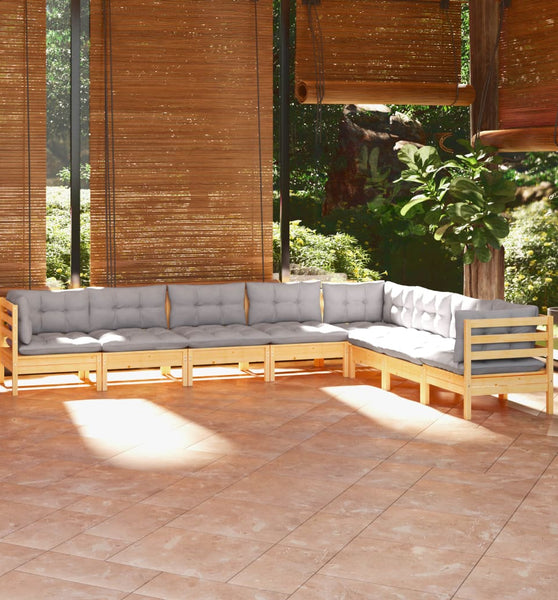 8-tlg. Garten-Lounge-Set mit Grauen Kissen Kiefer Massivholz