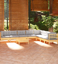 9-tlg. Garten-Lounge-Set mit Grauen Kissen Kiefer Massivholz