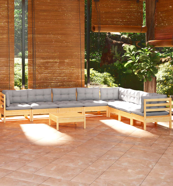 9-tlg. Garten-Lounge-Set mit Grauen Kissen Kiefer Massivholz