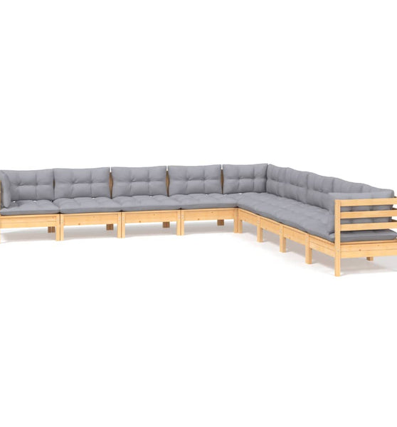 9-tlg. Garten-Lounge-Set mit Grauen Kissen Kiefer Massivholz