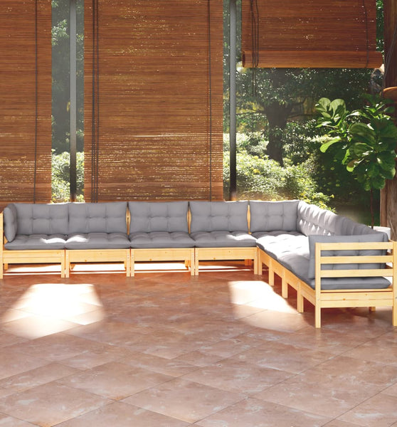 9-tlg. Garten-Lounge-Set mit Grauen Kissen Kiefer Massivholz