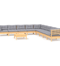 10-tlg. Garten-Lounge-Set mit Grauen Kissen Kiefer Massivholz
