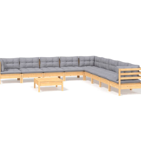 10-tlg. Garten-Lounge-Set mit Grauen Kissen Kiefer Massivholz