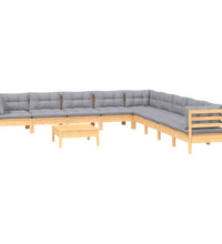 10-tlg. Garten-Lounge-Set mit Grauen Kissen Kiefer Massivholz