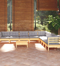 10-tlg. Garten-Lounge-Set mit Grauen Kissen Kiefer Massivholz