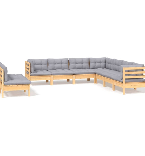 9-tlg. Garten-Lounge-Set mit Grauen Kissen Massivholz Kiefer