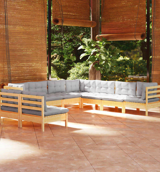 9-tlg. Garten-Lounge-Set mit Grauen Kissen Massivholz Kiefer