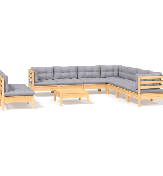 10-tlg. Garten-Lounge-Set mit Grauen Kissen Massivholz Kiefer