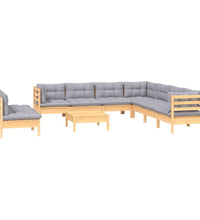 10-tlg. Garten-Lounge-Set mit Grauen Kissen Massivholz Kiefer