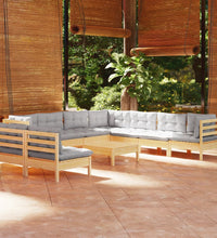 10-tlg. Garten-Lounge-Set mit Grauen Kissen Massivholz Kiefer