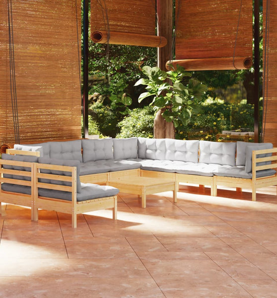 10-tlg. Garten-Lounge-Set mit Grauen Kissen Massivholz Kiefer